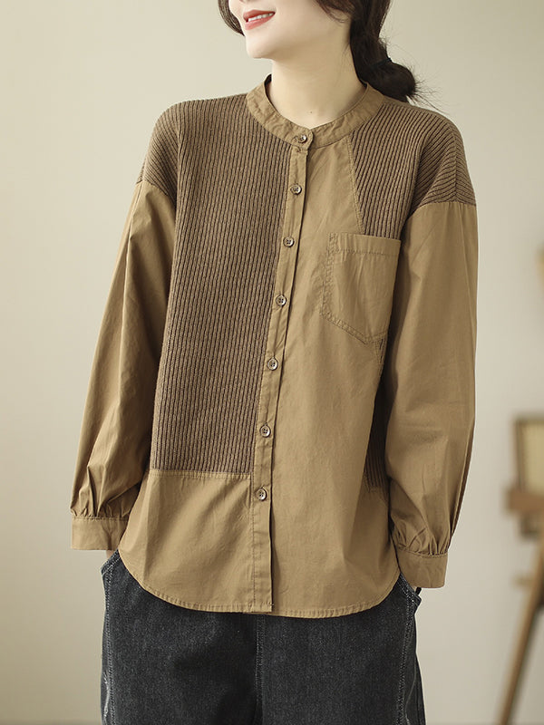 xakxx Vintage Long Sleeves Loose Split-Joint Round-Neck Blouses&Shirts Tops