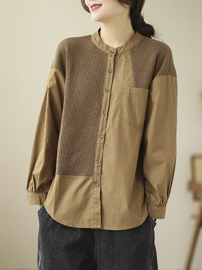xakxx Vintage Long Sleeves Loose Split-Joint Round-Neck Blouses&Shirts Tops