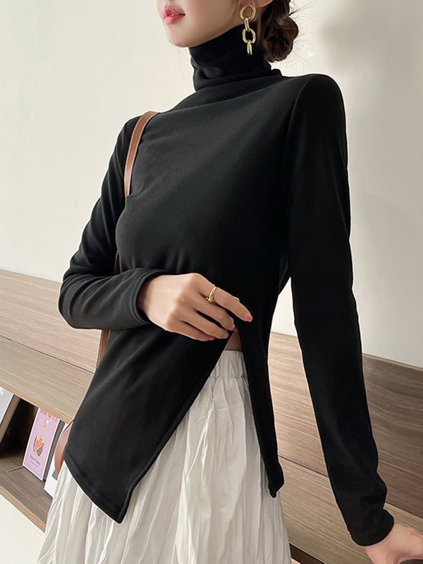 xakxx Casual Skinny Long Sleeves Split-Side Solid Color High-Neck T-Shirts Tops