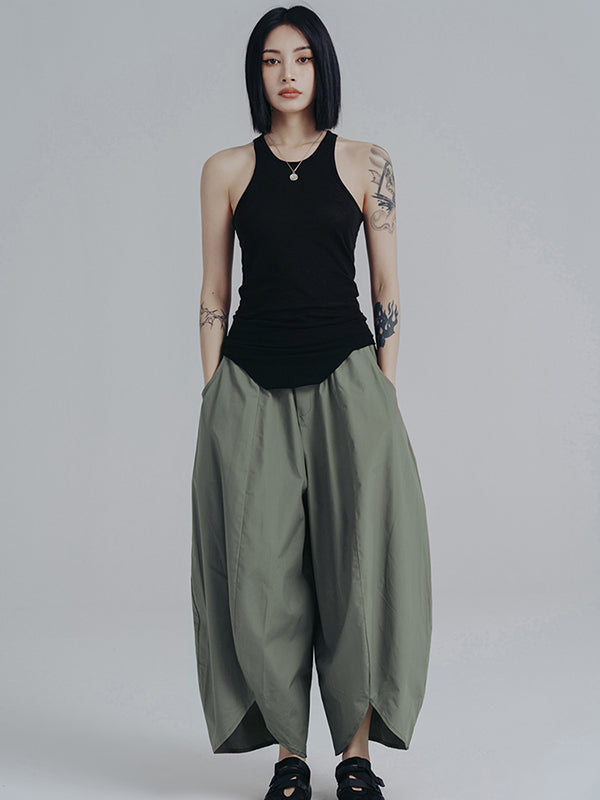 xakxx Simple Loose Elasticity Waist Wide Leg Solid Color Pants