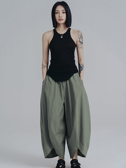 xakxx Simple Loose Elasticity Waist Wide Leg Solid Color Pants