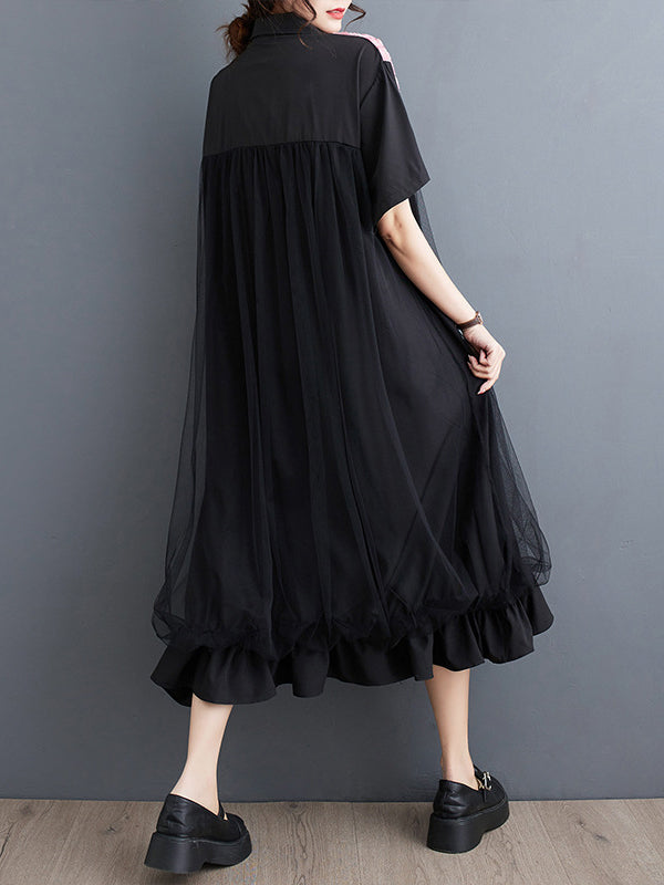 xakxx Loose Short Sleeves Falbala Printed Split-Joint Lapel Midi Dresses