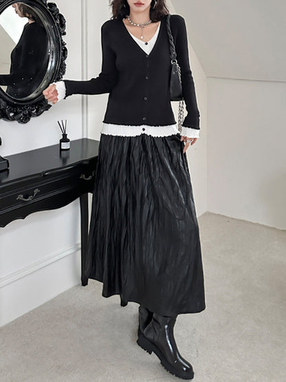 xakxx A-Line High Waisted Elasticity Pleated Solid Color Skirts Bottoms