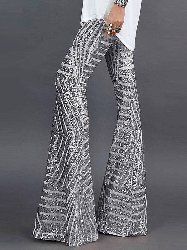 xakxx Flared Pants High Waisted Contrast Color Striped Sequined Pants