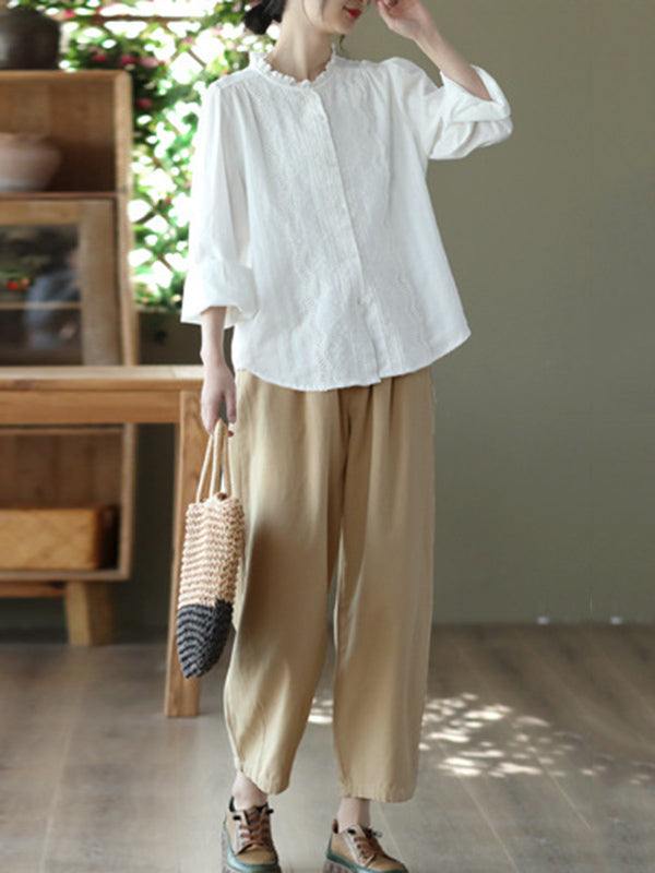 xakxx Long Sleeves Loose Embroidered Round-Neck Blouses&Shirts Tops