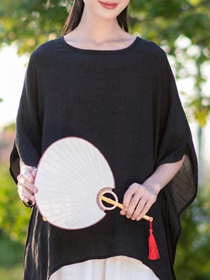 xakxx Half Sleeves High-Low See-Through Solid Color Round-Neck Blouses