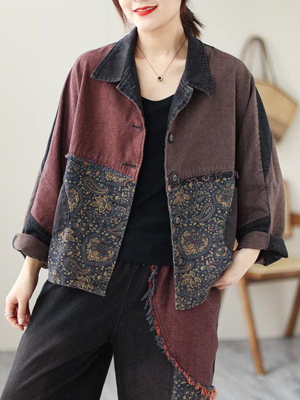 xakxx Contrast Color Fringed Split-Joint Long Sleeves Printed Outwear + Harem Pants  Two Pieces Set