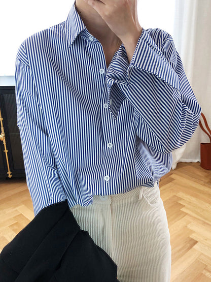 xakxx Urban Loose Striped Lapel Collar Blouses&Shirts Tops