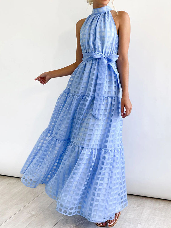 xakxx Loose Sleeveless Plaid Ribbed Stand Collar Maxi Dresses
