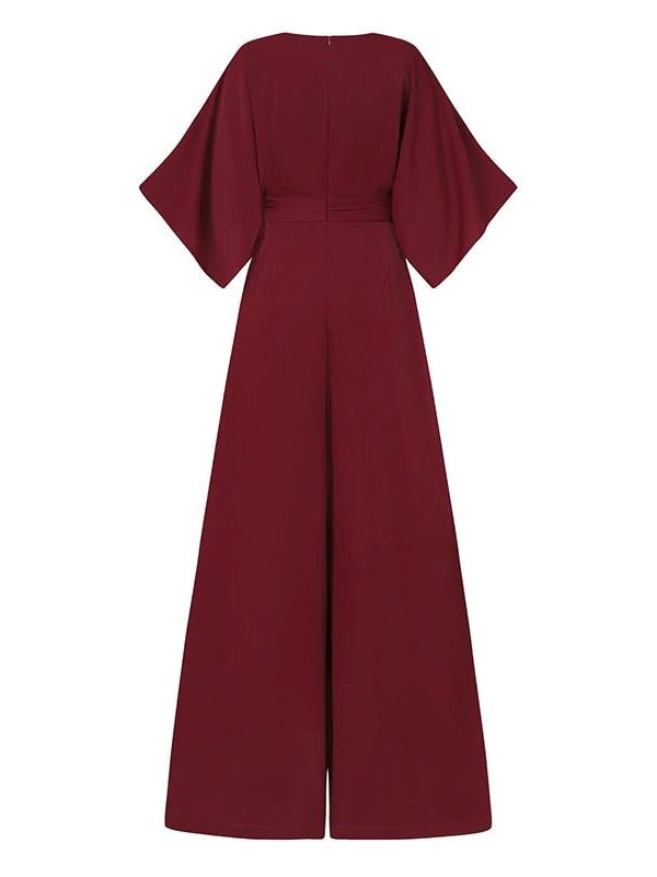 xakxx Simple Solid Color V-Neck Half Sleeves Wide Leg Jumpsuits
