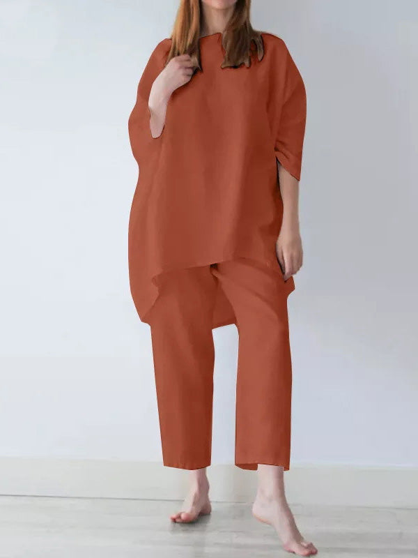xakxx Casual Loose Long Sleeves Solid Color T-Shirt Top&Pants Two Pieces Set