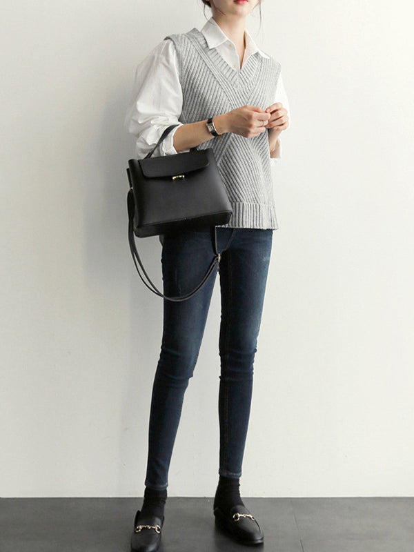 xakxx Casual Sleeveless Loose Solid Color V-Neck Vest Outerwear