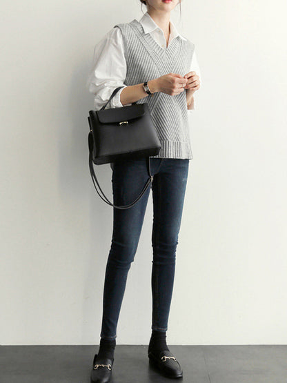 xakxx Casual Sleeveless Loose Solid Color V-Neck Vest Outerwear