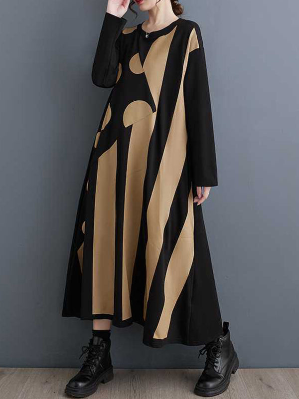 xakxx A-Line Long Sleeves Asymmetric Polka-Dot Split-Joint Striped Round-Neck Midi Dresses