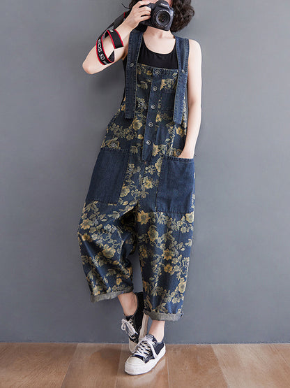 xakxx Oversize Floral Printed Denim Overalls