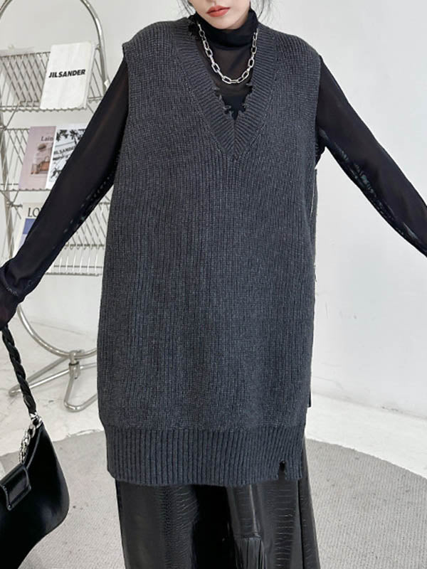 xakxx Loose Sleeveless Asymmetric Split-Side Zipper V-Neck Vest Outerwear