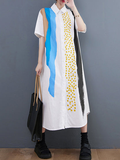 xakxx Artistic Retro Short Sleeves Loose Contrast Color Polka-Dot Lapel Collar Midi Shirt Dress