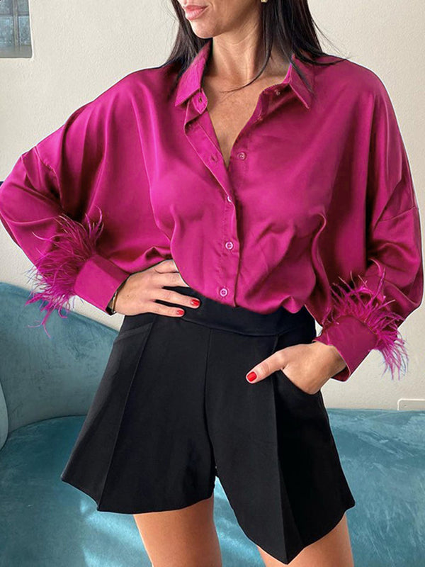 xakxx Loose Wrap Feathers Solid Color Split-Joint Lapel Collar Blouses&Shirts Tops