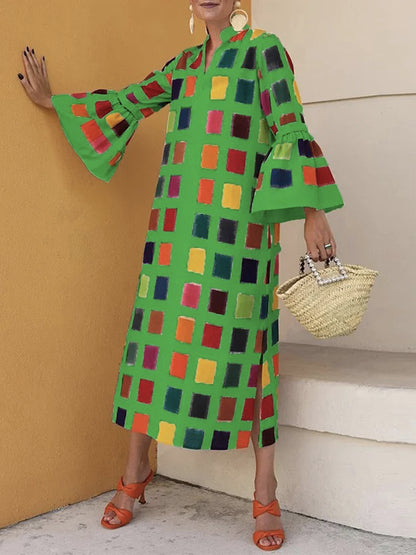 xakxx Original Flared Sleeves Split-Joint Multi-Colored Plaid Midi Dress