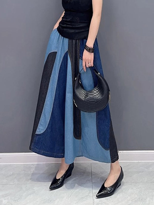 xakxx Loose Wide Leg Contrast Color Elasticity Split-Joint Jean Pants Bottoms