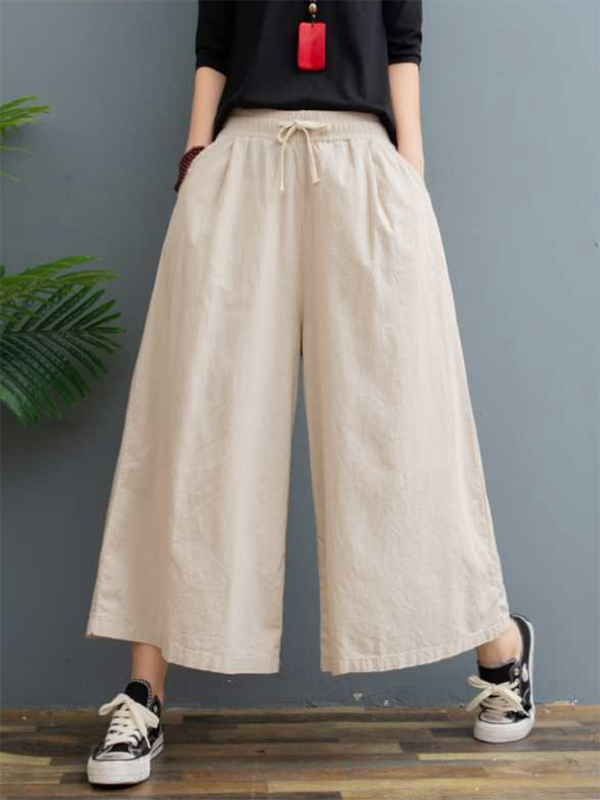 xakxx Simple Wide Leg Loose Drawstring Solid Color Casual Pants Bottoms