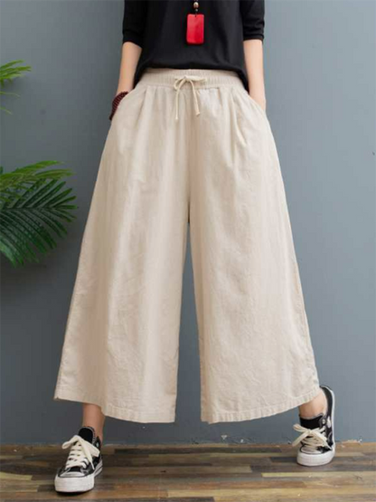 xakxx Simple Wide Leg Loose Drawstring Solid Color Casual Pants Bottoms