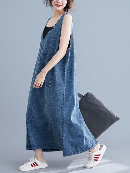 xakxx Loose Sleeveless Denim V-Neck Midi Dress