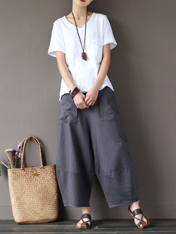 xakxx Simple 4 Colors Loose Linen Wide Leg Pants