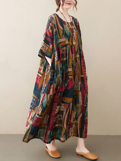xakxx Vintage Loose Abstract Printed Pleated Round-Neck Half Sleeves Midi Dress