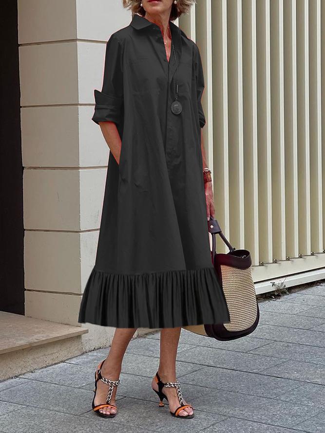xakxx A-Line Long Sleeves Pleated Solid Color Lapel Collar Midi Dresses