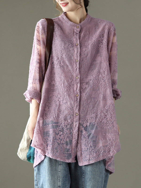xakxx Vintage Loose Embroidered Lace Hollow Blouse