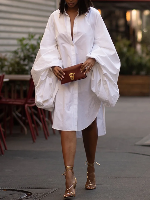 xakxx Statement Puff Sleeves Loose Pleated Split-Side Solid Color Lapel Collar Midi Dresses