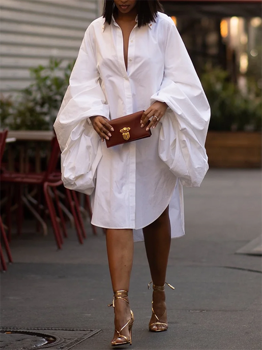 xakxx Statement Puff Sleeves Loose Pleated Split-Side Solid Color Lapel Collar Midi Dresses