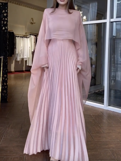 xakxx Long Sleeves Pleated Solid Color Round-Neck Evening Maxi Dresses