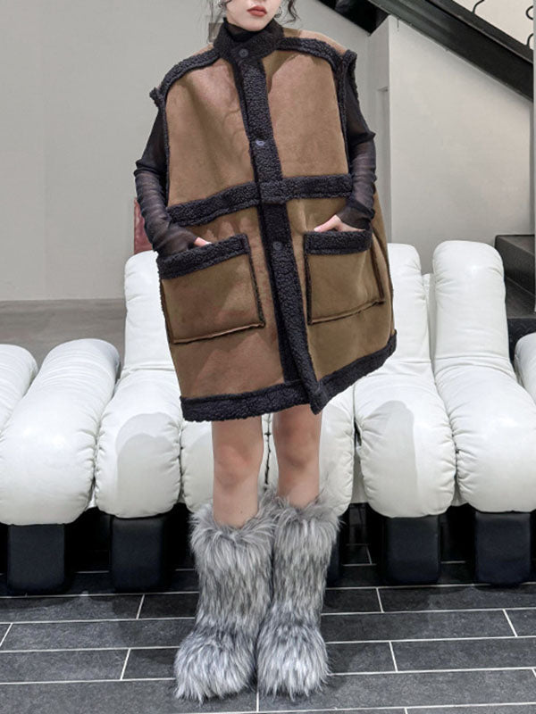 xakxx Loose Sleeveless Buttoned Contrast Color Pockets Reversible Velvet Stand Collar Vest Outerwear