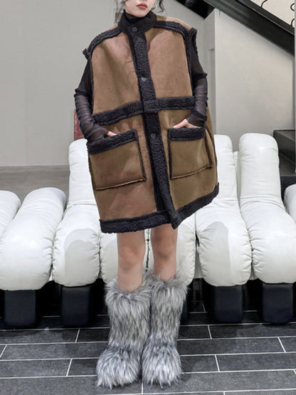 xakxx Loose Sleeveless Buttoned Contrast Color Pockets Reversible Velvet Stand Collar Vest Outerwear