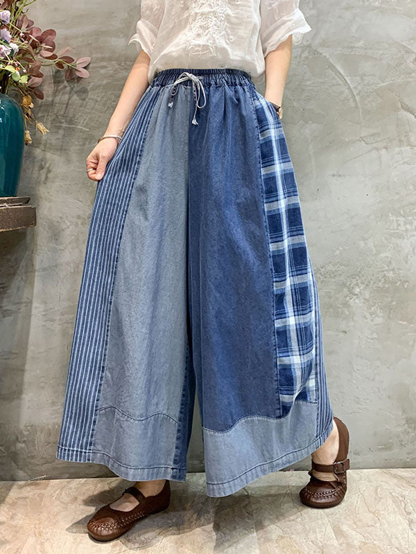 xakxx Wide Leg Split-Joint Striped Casual Pants Bottoms Jean Pants Bottoms