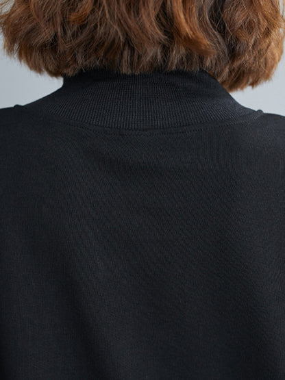 xakxx Simple Long Sleeves Loose Split-Joint Solid Color High-Neck Sweatshirt Tops