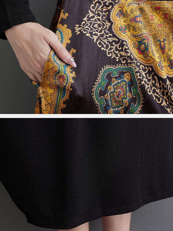xakxx Long Sleeves Loose Asymmetric Printed Split-Joint Round-Neck Midi Dresses