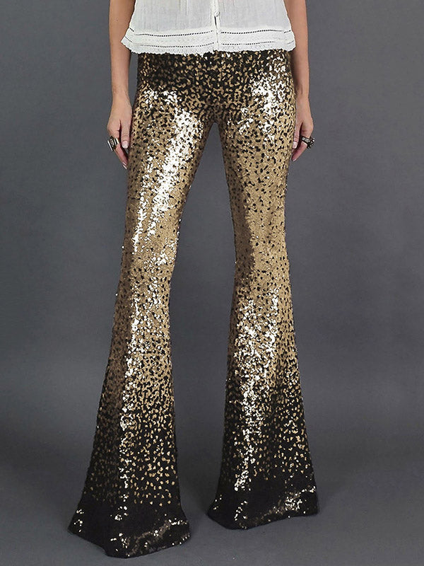 xakxx Flared Pants Skinny Leg Contrast Color Gradient Sequined Shiny Pants Bottoms