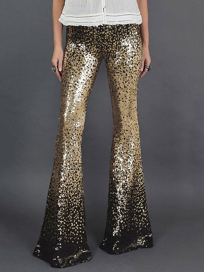 xakxx Flared Pants Skinny Leg Contrast Color Gradient Sequined Shiny Pants Bottoms