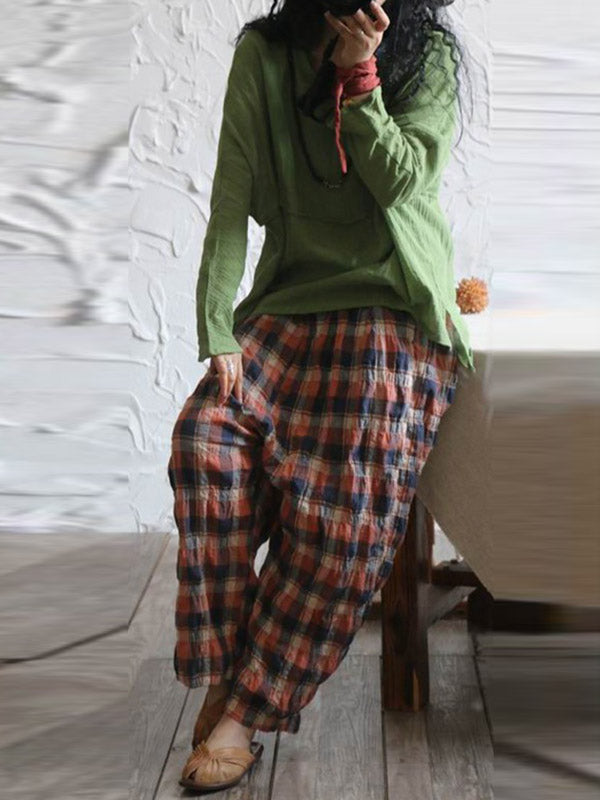 xakxx Casual Ramie Cotton Plaid Wide Leg Loose Pants