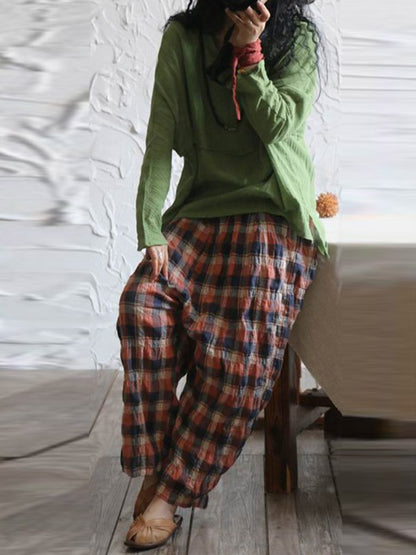 xakxx Casual Ramie Cotton Plaid Wide Leg Loose Pants