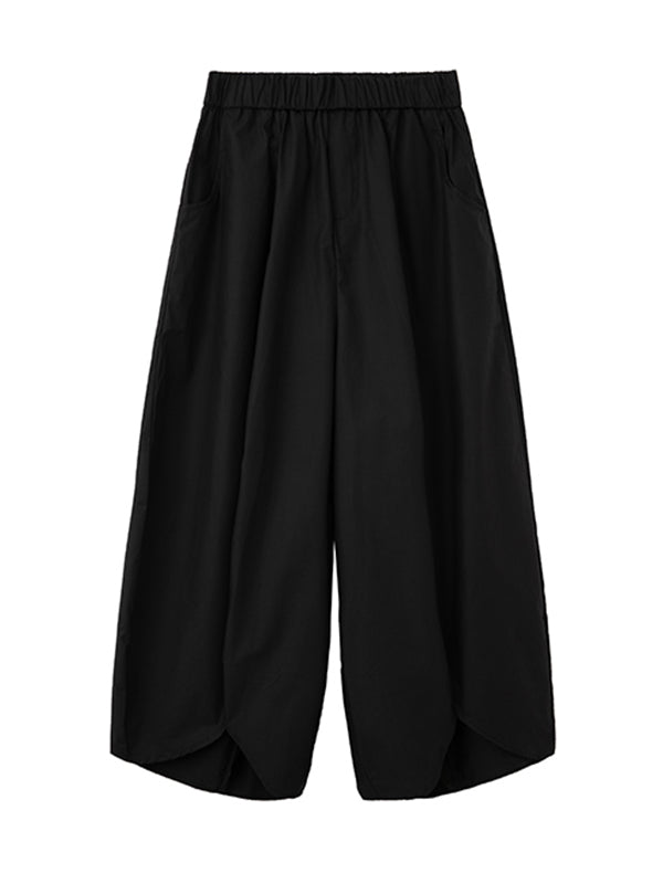 xakxx Simple Loose Elasticity Waist Wide Leg Solid Color Pants
