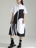 xakxx Loose Short Sleeves Asymmetric Contrast Color Split-Joint Lapel Midi Dresses Shirt Dress