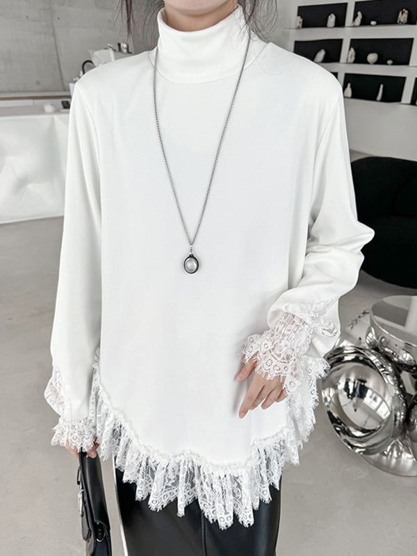 xakxx Long Sleeves Loose Solid Color Split-Joint High Neck T-Shirts Tops