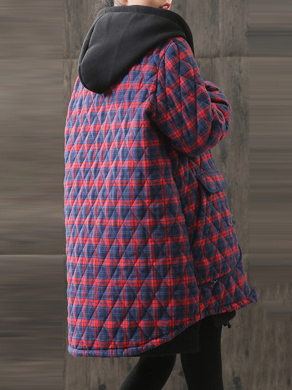 xakxx Vintage Loose Plaid Quilted Hooded Padded Coat