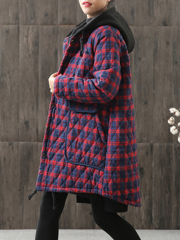 xakxx Vintage Loose Plaid Quilted Hooded Padded Coat