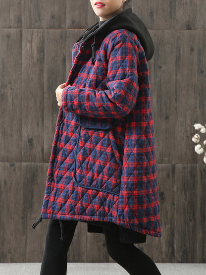 xakxx Vintage Loose Plaid Quilted Hooded Padded Coat