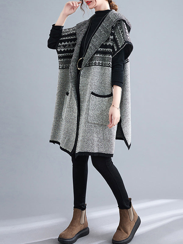 xakxx Artistic Retro Loose Casual With Pocket Hooded Short Sleeves Cardigan Outwear